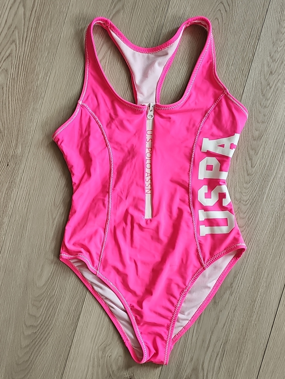 US Polo Assn Bright Pink Zipper Front Logo One Piece Swimsuit, Size Small